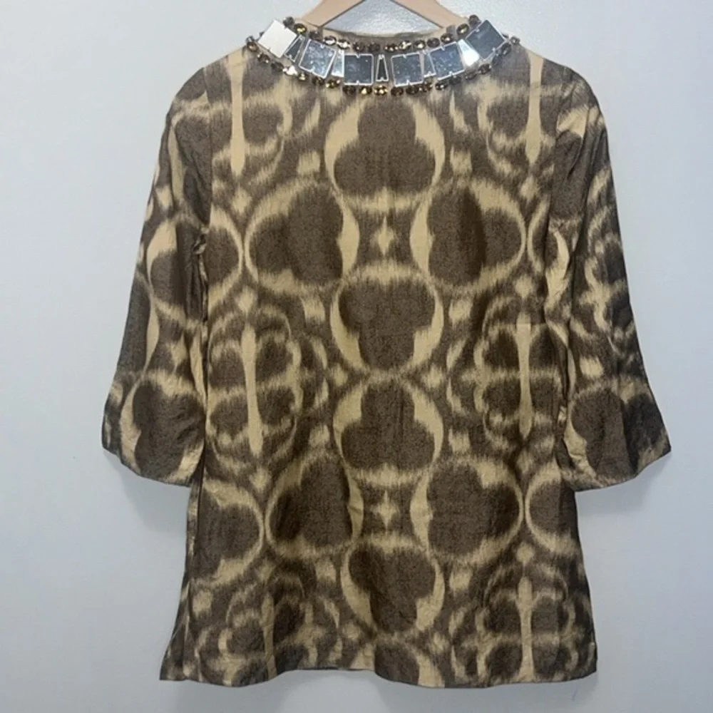 TORY BURCH Silk Blend Jewel Mirror Beaded Tunic Blouse -‎ Amber Brown - Size 2